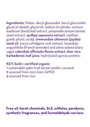 List of ingredients and product details on a purple background