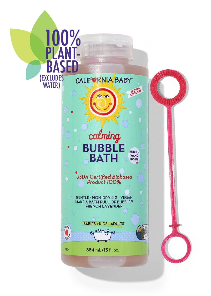 California Baby calming bubble bath with a pink bubble wand on a white background