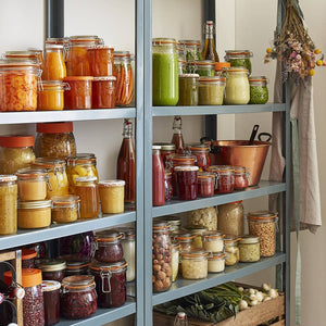 A closet with many glass containers containing canned goods. 
