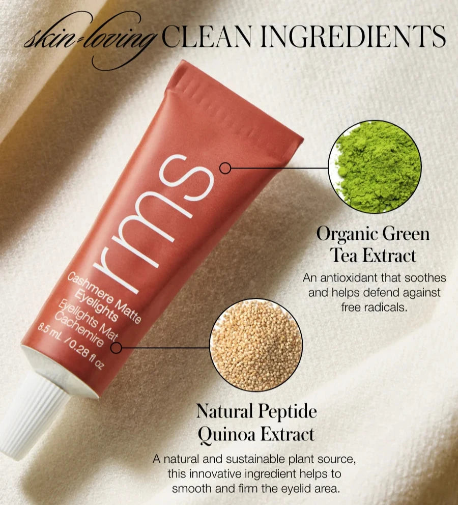 An infographic with a tube of RMS Beauty cashmere eyesights on a beige background, with organic green tea extract and natural peptide quinoa extract called out.