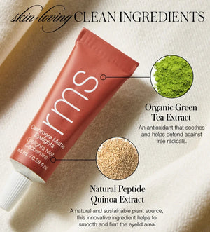 An infographic with a tube of RMS Beauty cashmere eyesights on a beige background, with organic green tea extract and natural peptide quinoa extract called out.