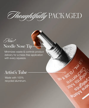 A tube of RMS Beauty Cashmere Eyelights with the words thoughtfully packaged, needle nose tip and artists tube highlighted.