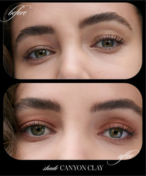 A before and after photo of a woman wearing cashmere eyelights makeup.