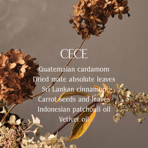 Dried flowers with text listing ingredients on a gray background