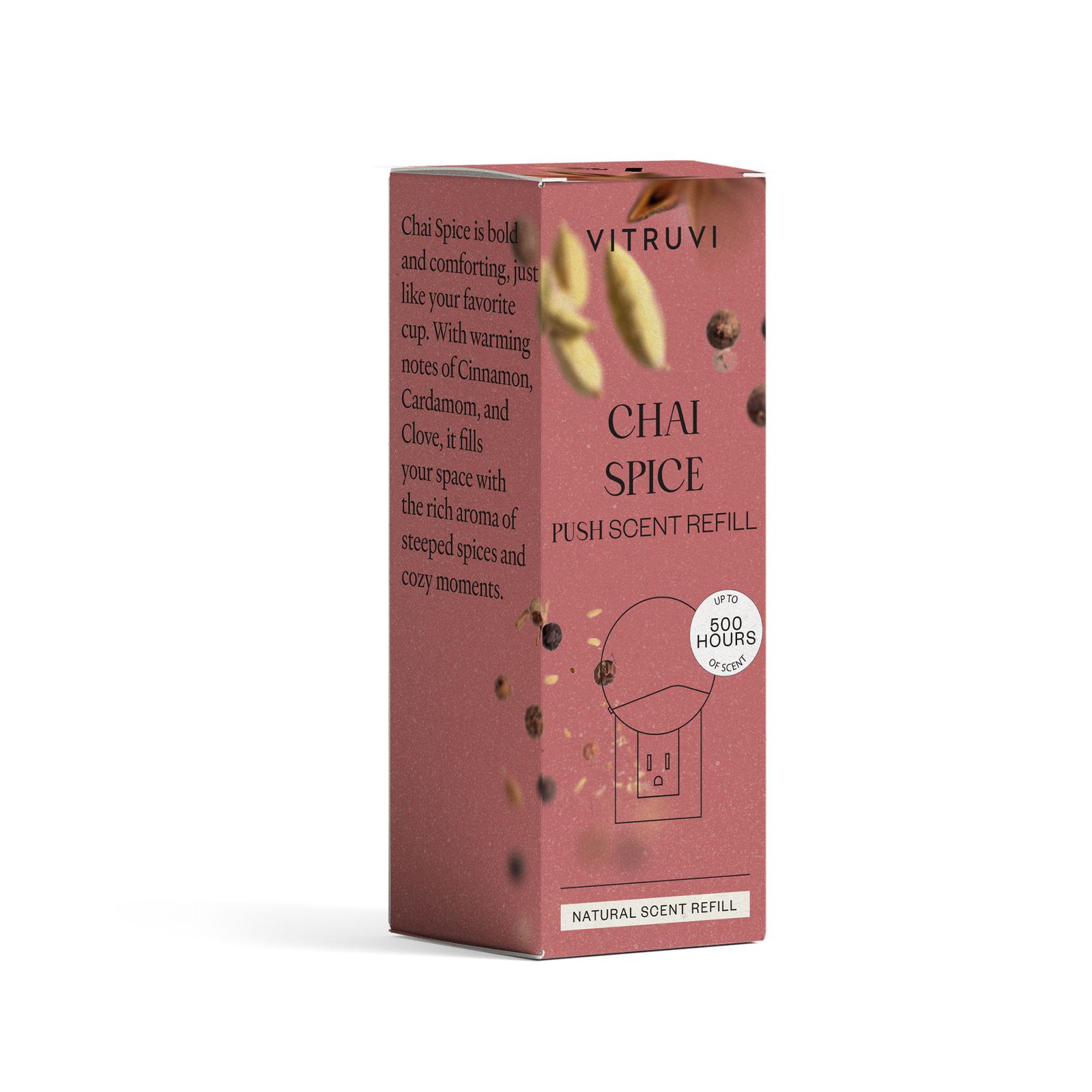 Vitruvi Chai Spice push-scent refill box on a white background