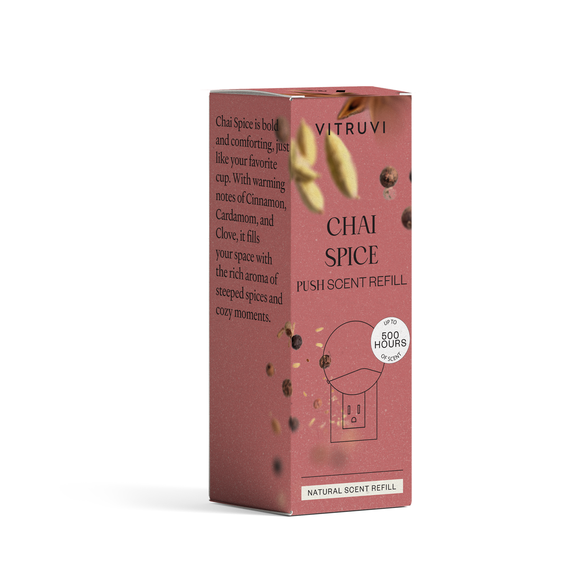 Vitruvi Chai Spice push-scent refill box on a white background