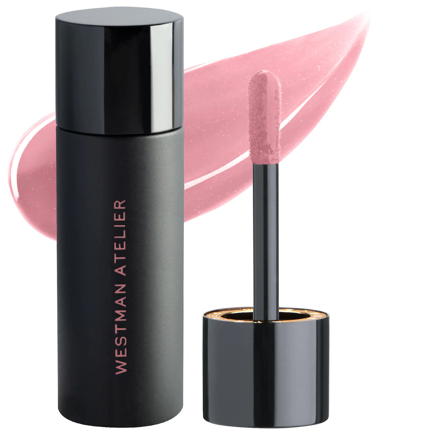 A photo of Westman Atelier Squeaky Clean Liquid Lip Balm with the container to the left and the applicator wand to the right, showing a translucent pink color.
