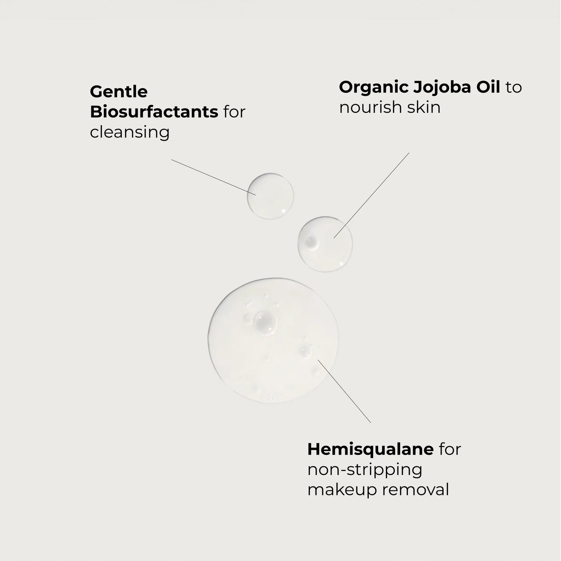 Product features with bubbles and text on a white background