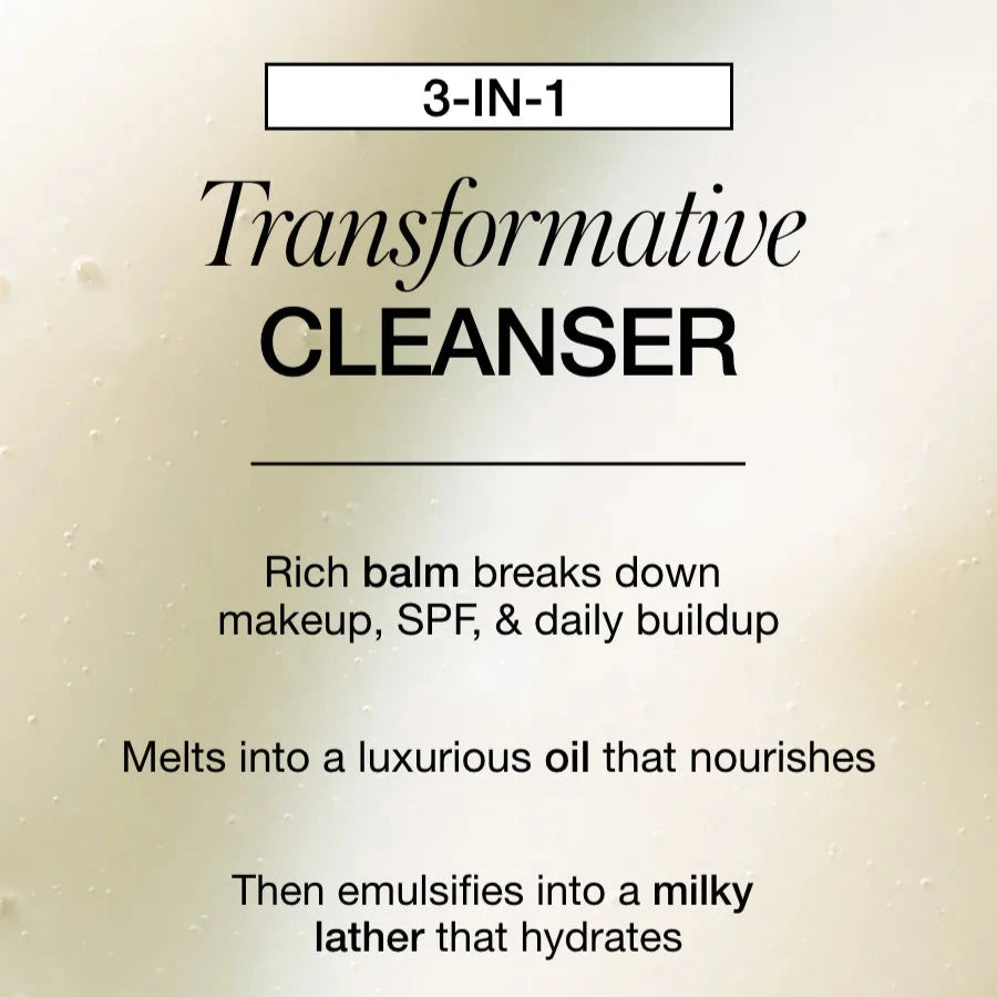 A 3 in 1 transformative cleanser. The rich balm breaks down makeup, SPF, and daily buildup. It melts into a luxurious oil that nourishes, then emulsifies into a milky lather that hydrates