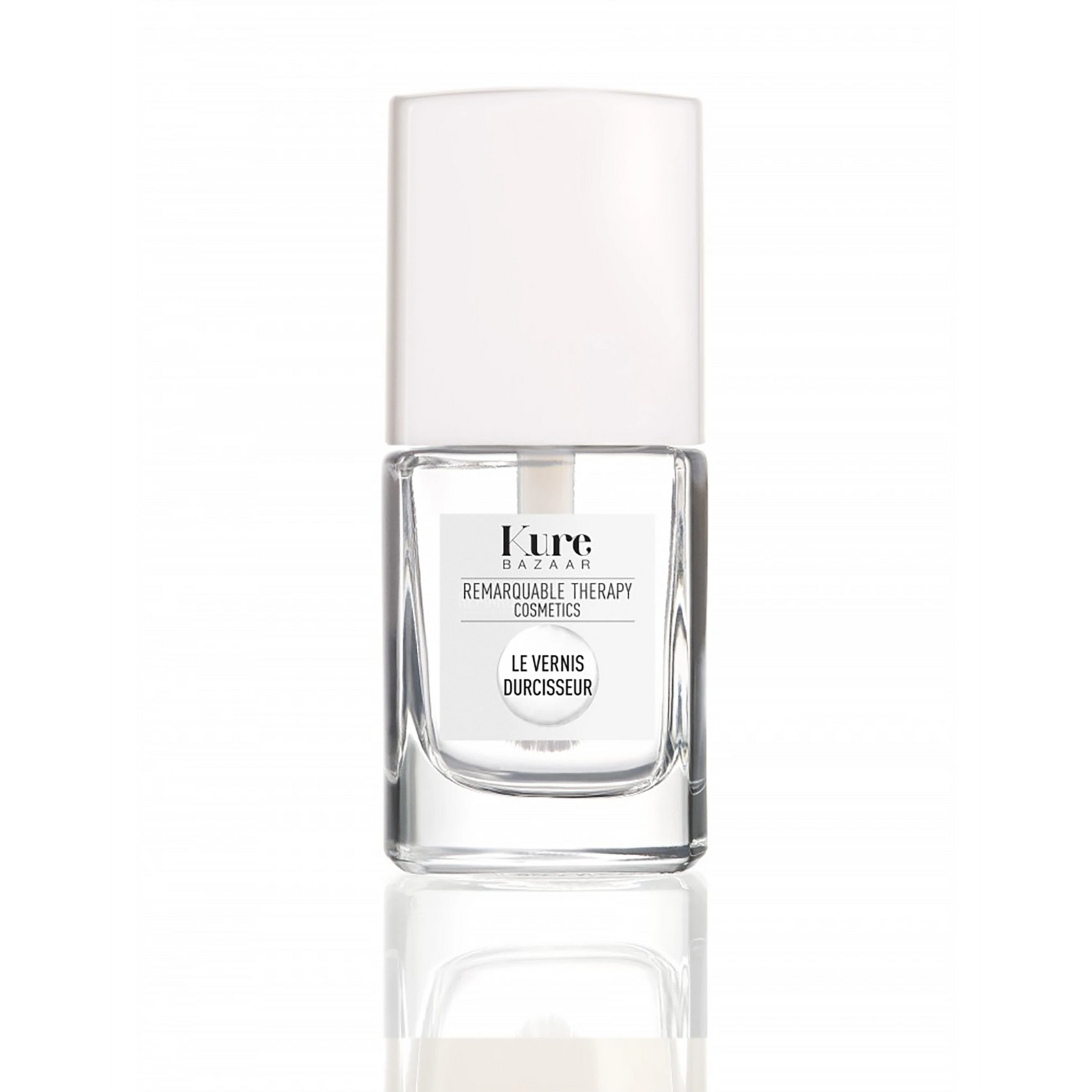 A clear bottle of Kure Bazaar nail hardener with a white cap and label, on a white background.