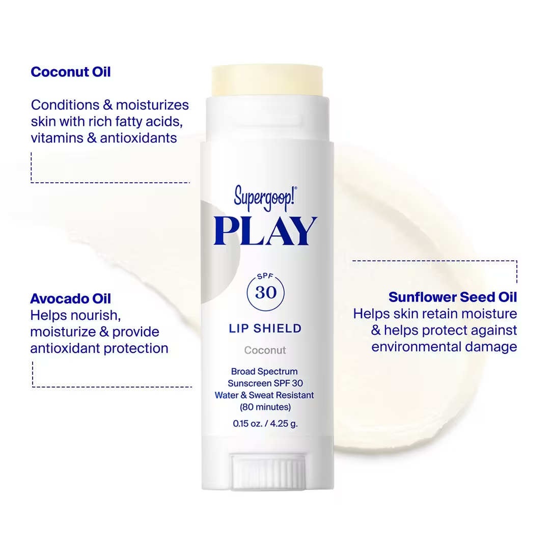 Supergoop! Play lip shield SPF 30 with ingredients listed on a white background