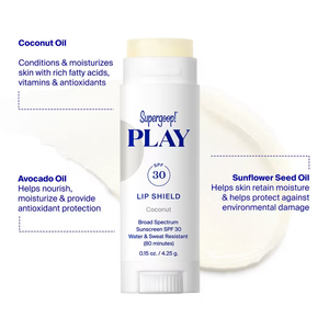 Supergoop! Play lip shield SPF 30 with ingredients listed on a white background