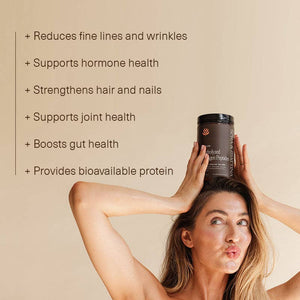 A woman with a bottle of Sera & Mattina Hydrolyzed Collagen Peptides. Collagen reduces fine lines and wrinkles, supports hormone health, strengthens hair and nails, supports joint health, boosts gut health, and provides bioavailable protein.