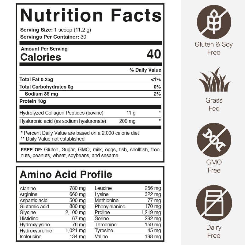 The nutrition information for Sera & Mattina Collagen powder. 