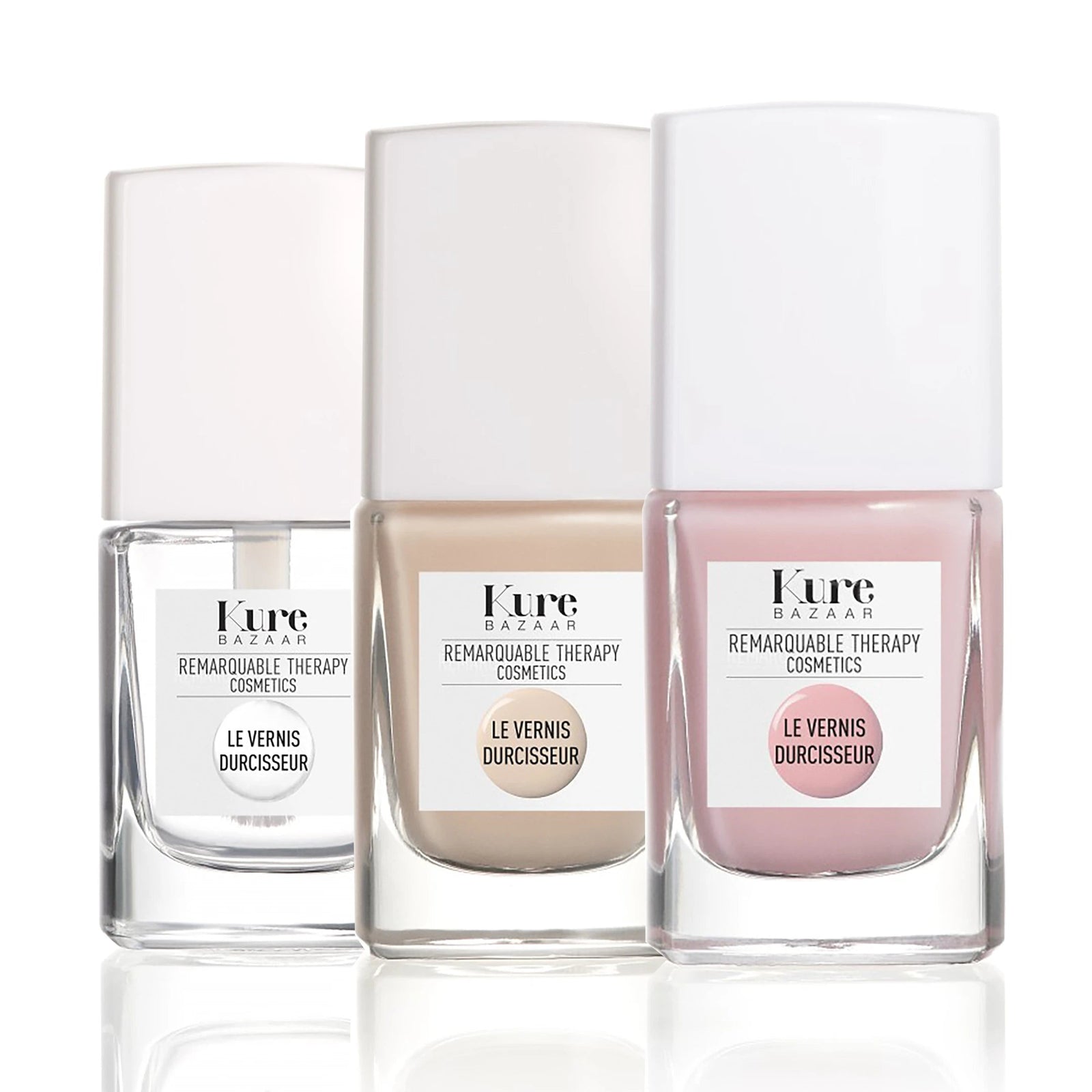 A clear bottle of Kure Bazaar nail hardener with a white cap and label, on a white background.