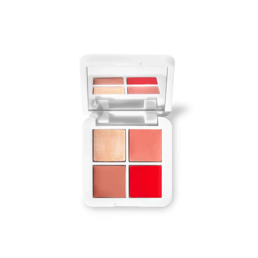 A compact palette with four color shades including red, pink, bronze, and silver, labeled as Lip2Cheek Glow Quad Mini.
