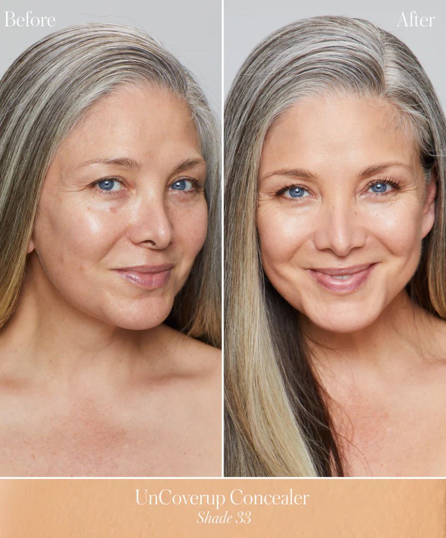 A before and after snapshot of a woman before and after applying the uncoverup concealer. 