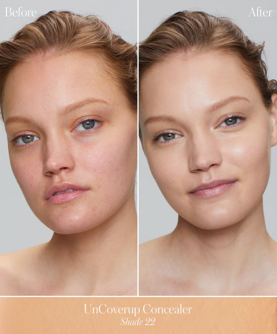 A before and after snapshot of a woman before and after applying the uncoverup concealer. 