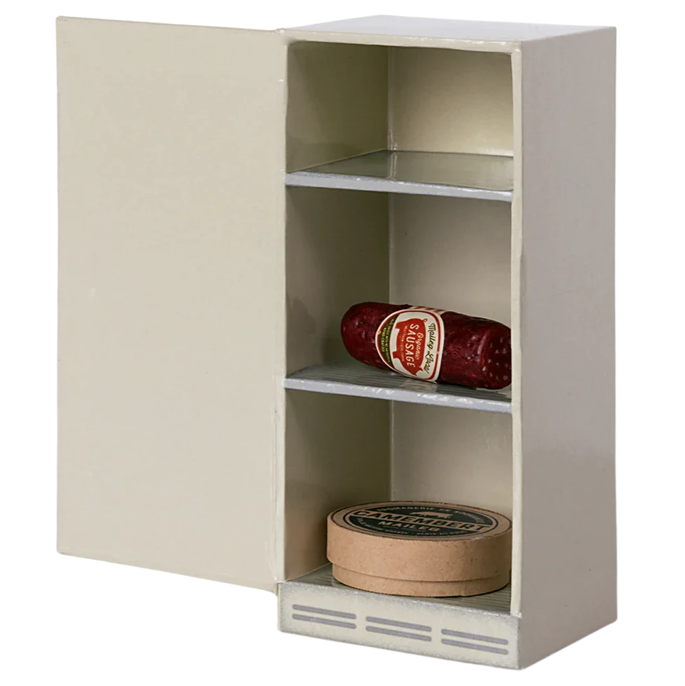 Small storage cabinet with a few items inside on a white background
