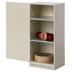 Small storage cabinet with a few items inside on a white background
