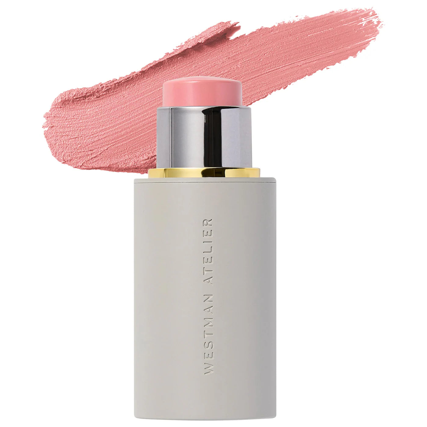 Cosmetic stick with pink applicator and Westman Atelier branding on a white background