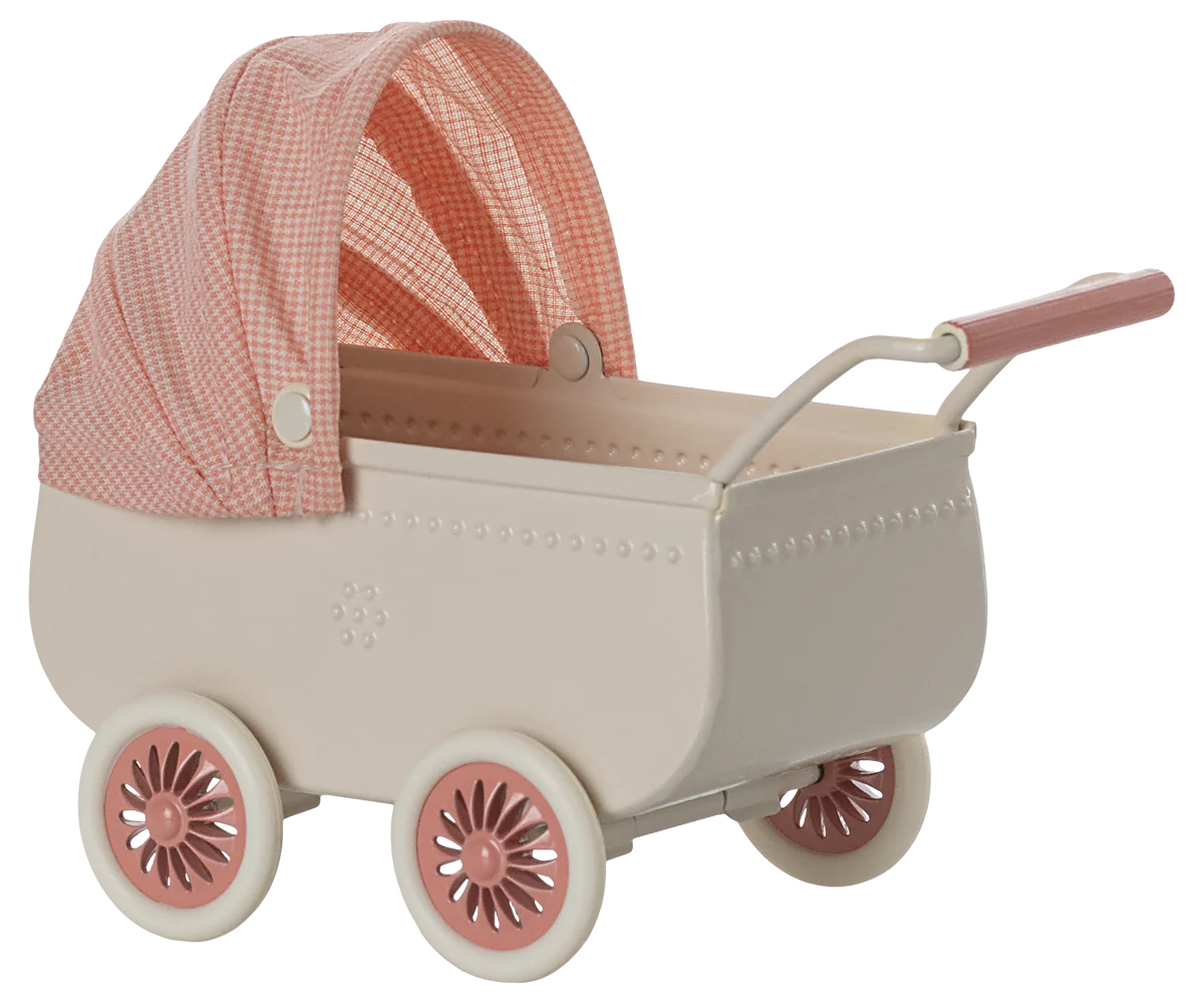 A toy pram in coral and beige colors with a checkered canopy and four wheels, designed for small toy mice.