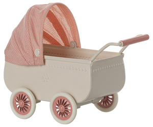 A toy pram in coral and beige colors with a checkered canopy and four wheels, designed for small toy mice.