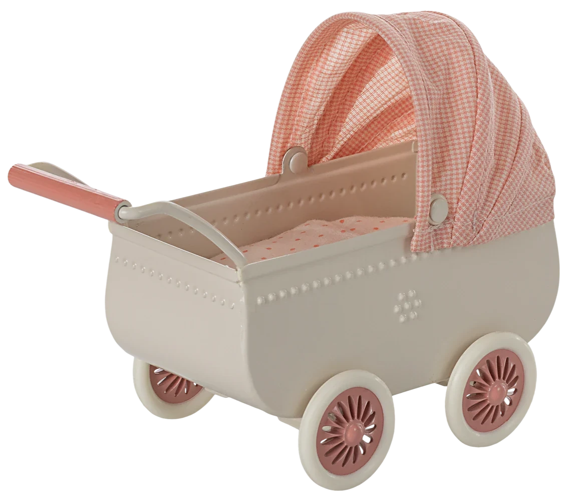 Pink and beige toy pram with a checkered canopy on a white background