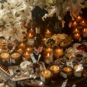 A table covered in lit Flamingo Estate candles and white lilies