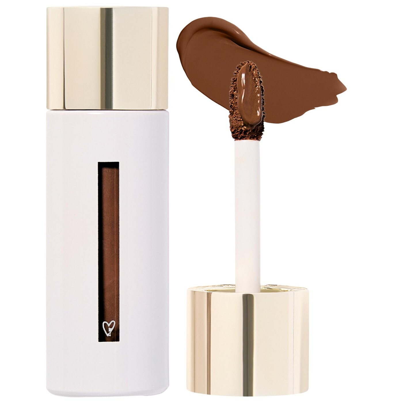 Cosmetic product with brown color swatch on a white background