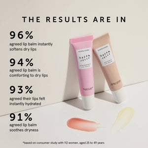 Two lip balm tubes with pink and beige packaging on a light background, featuring customer approval statistics.