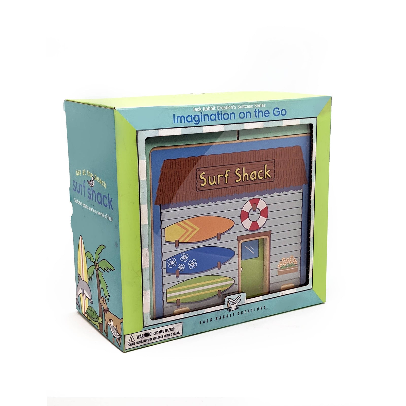 Boxed toy surf shack with colorful design on a white background