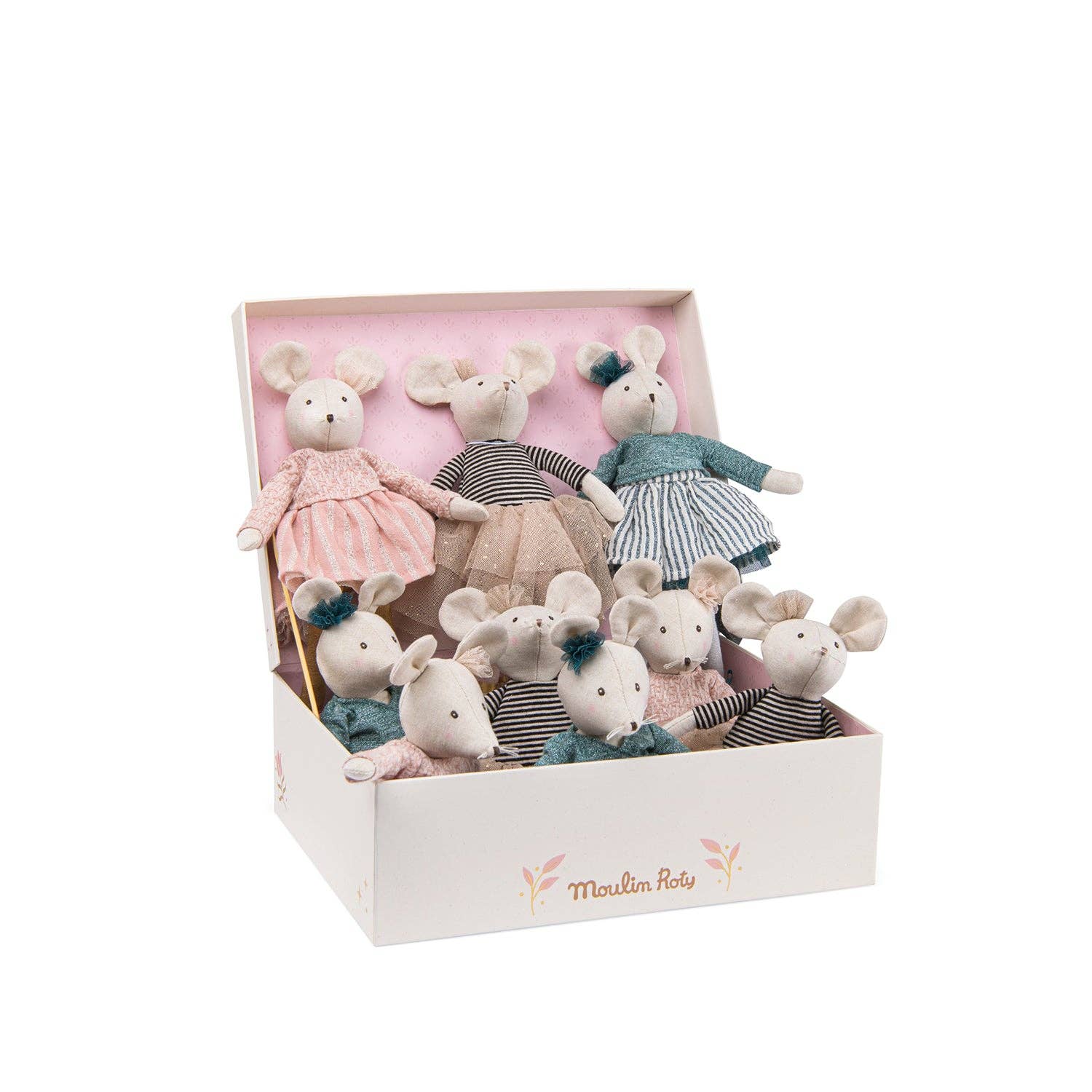 A display box containing nine small stuffed mice wearing dance outfits in various colors, with a pink bow on top of the box.