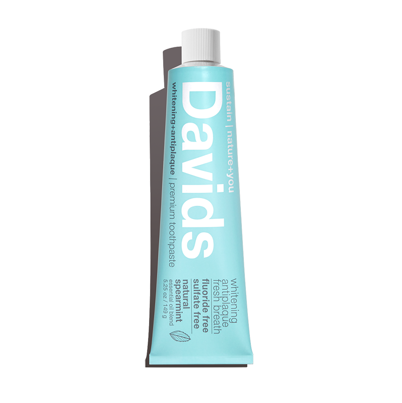 A tube of Davids Premium Natural Toothpaste in Spearmint flavor. 