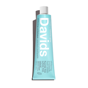 A tube of Davids Premium Natural Toothpaste in Spearmint flavor. 