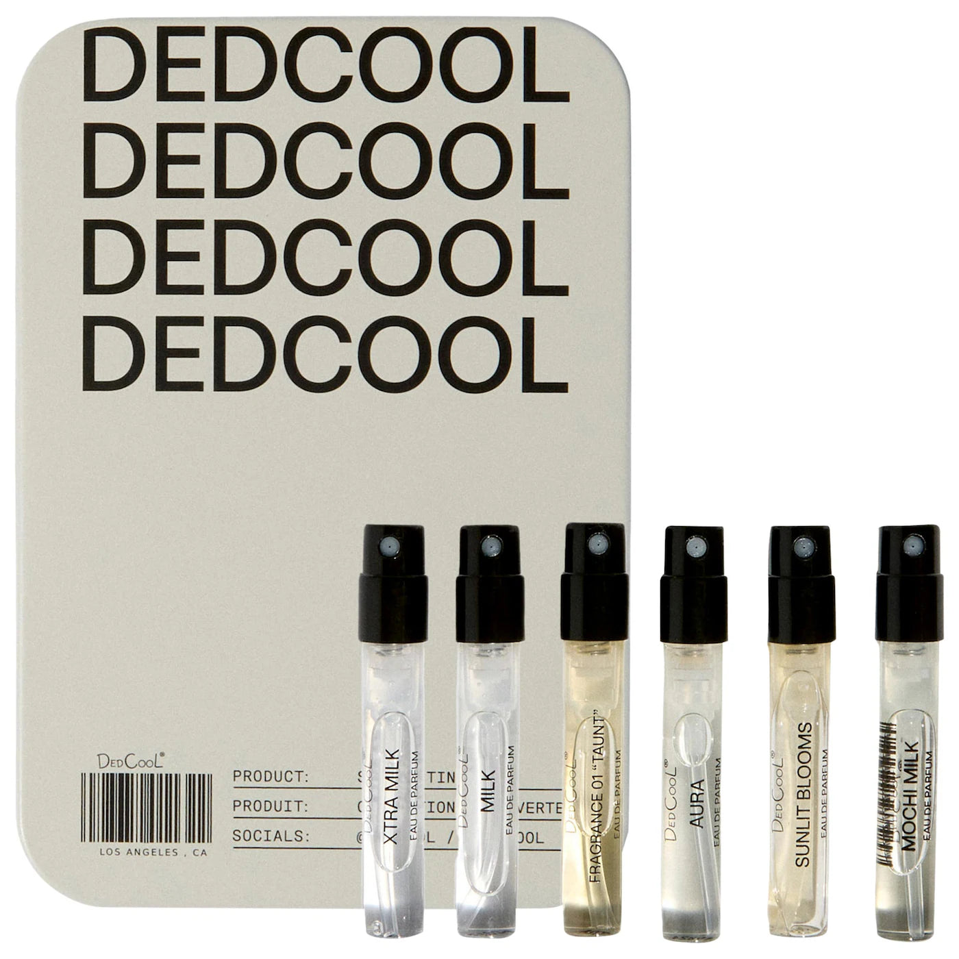 Set of Dedcool perfume samples with a branded case in the background