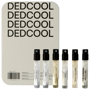 Set of Dedcool perfume samples with a branded case in the background