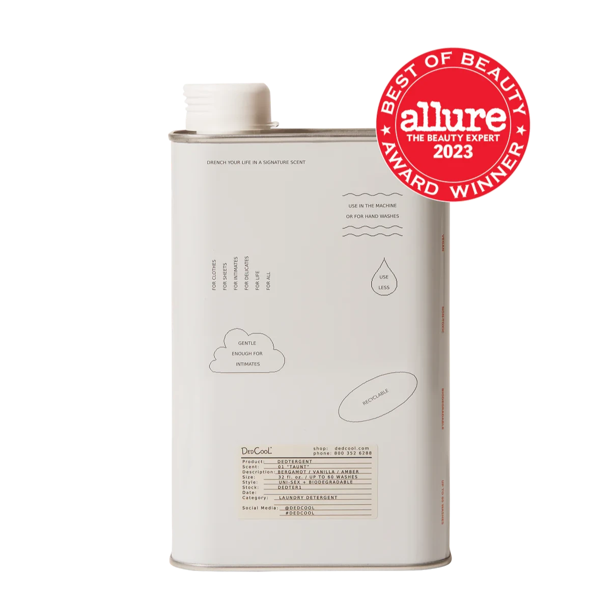 Skincare product container with Allure Best of Beauty 2023 award on a white background