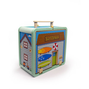 Toy suitcase with a surf shack design on a white background