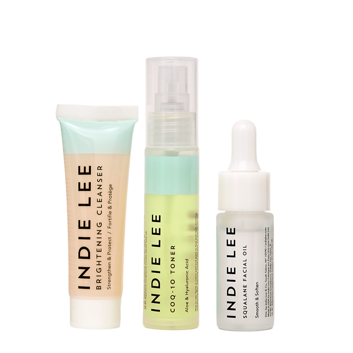 The Indie Lee Discovery Kit includes the brightening cleanser, the COQ10 toner, and the squalane facial oil