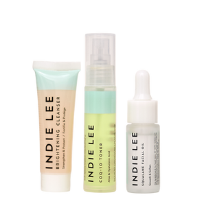 The Indie Lee Discovery Kit includes the brightening cleanser, the COQ10 toner, and the squalane facial oil