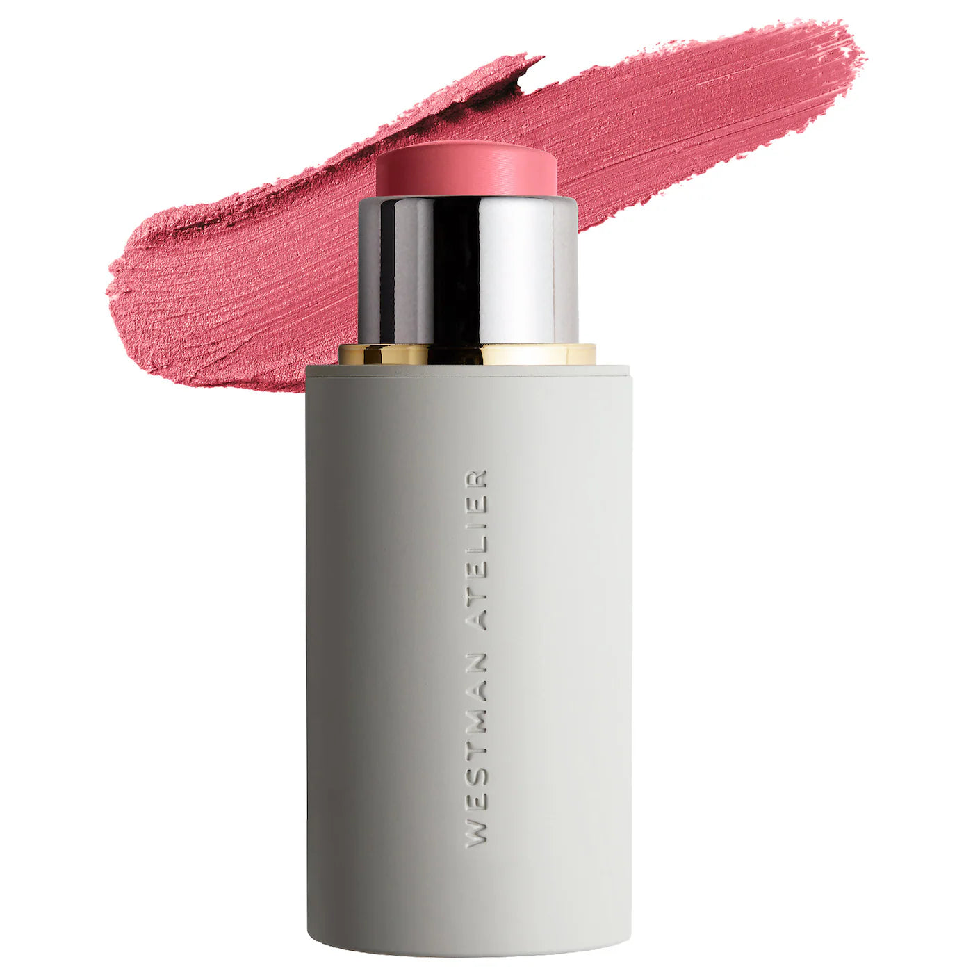 Blush stick with pink swatch and Westman Atelier branding on a white background