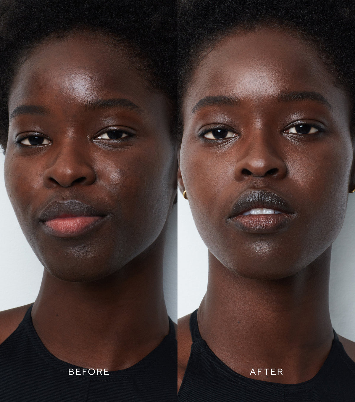 Before and after comparison of a woman's face with a neutral background