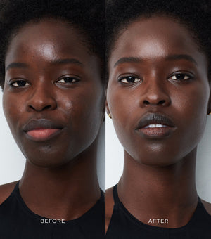 Before and after comparison of a woman's face with a neutral background