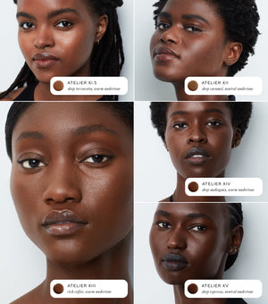 Collage of a woman's face with different skin tones labeled 'Atelier' on a white background.