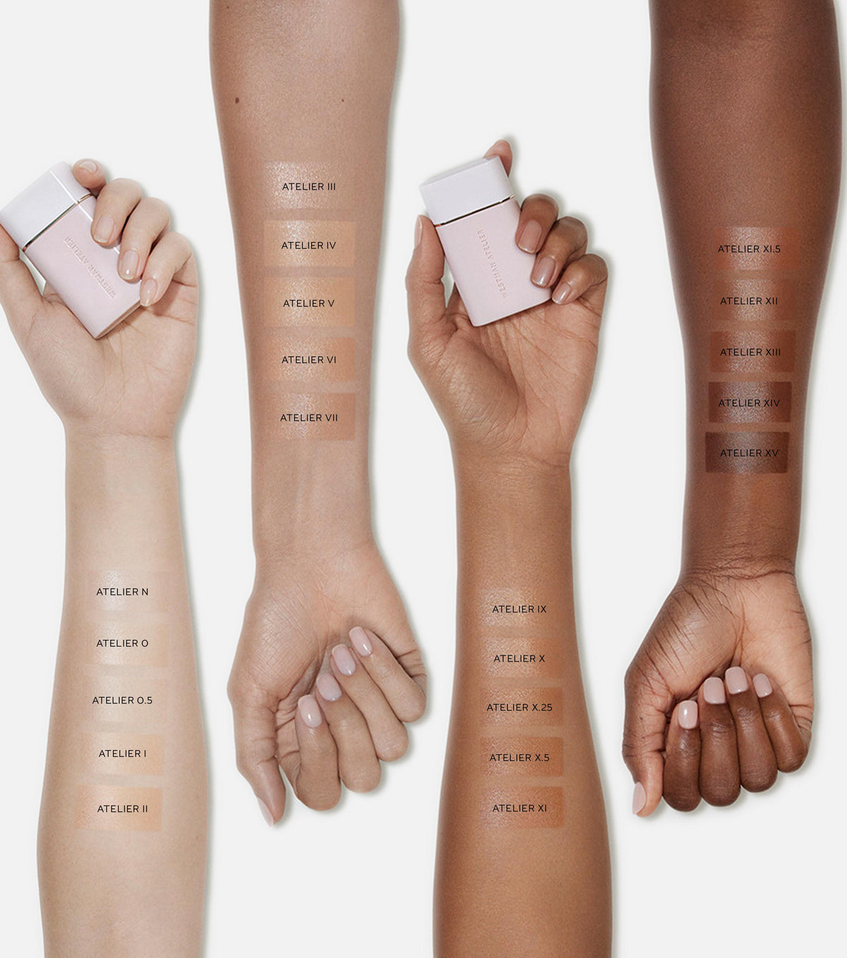 Hands holding complexion drops with color swatches on different skin tones.