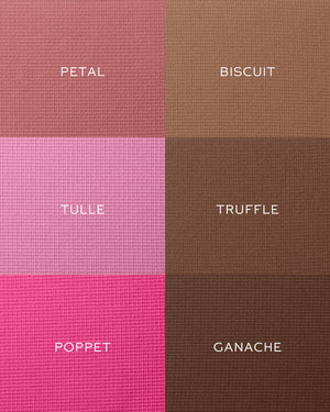 Color swatches labeled 'Petal', 'Biscuit', 'Tulle', 'Truffle', and 'Ganache' on a textured background.
