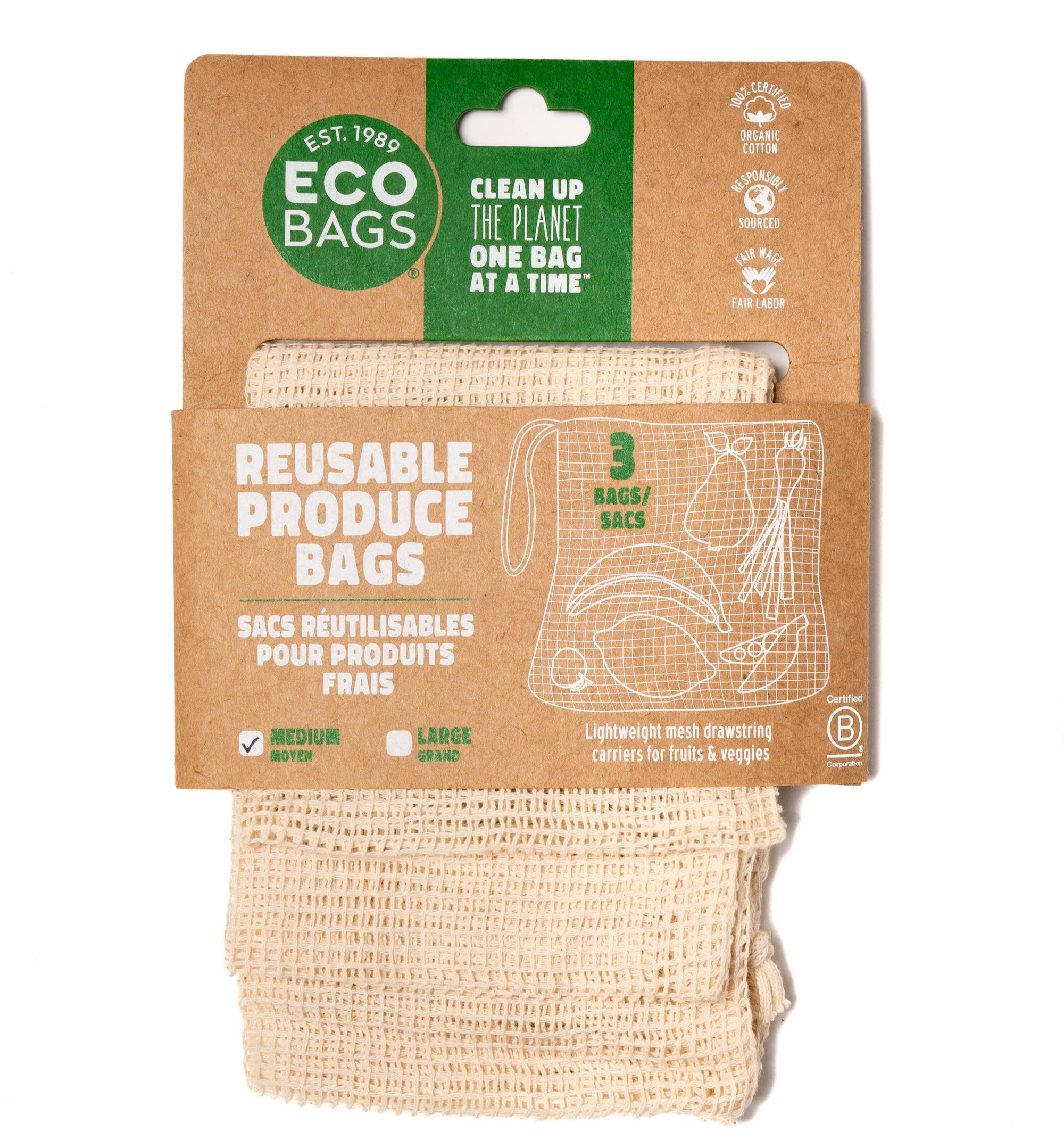 An eco bag in a brown hard paper package