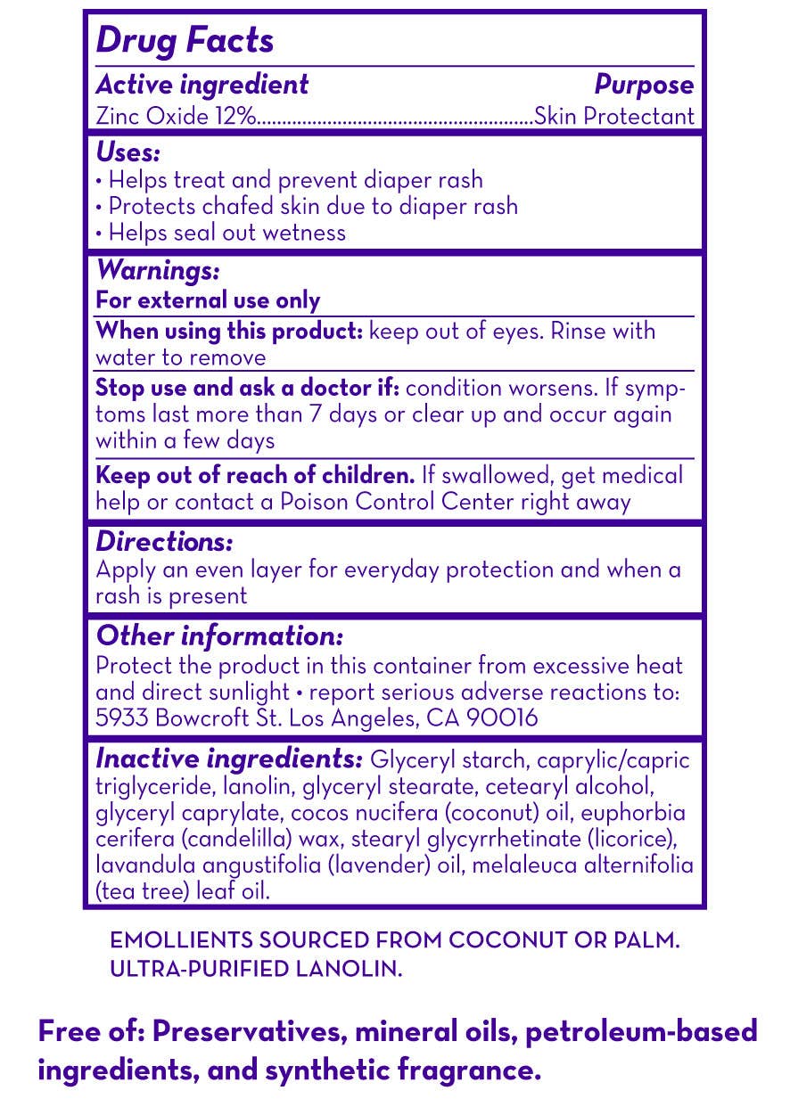 Drug facts label for a skin protectant with active ingredient zinc oxide on a purple background.