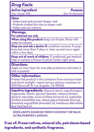 Drug facts label for a skin protectant with active ingredient zinc oxide on a purple background.